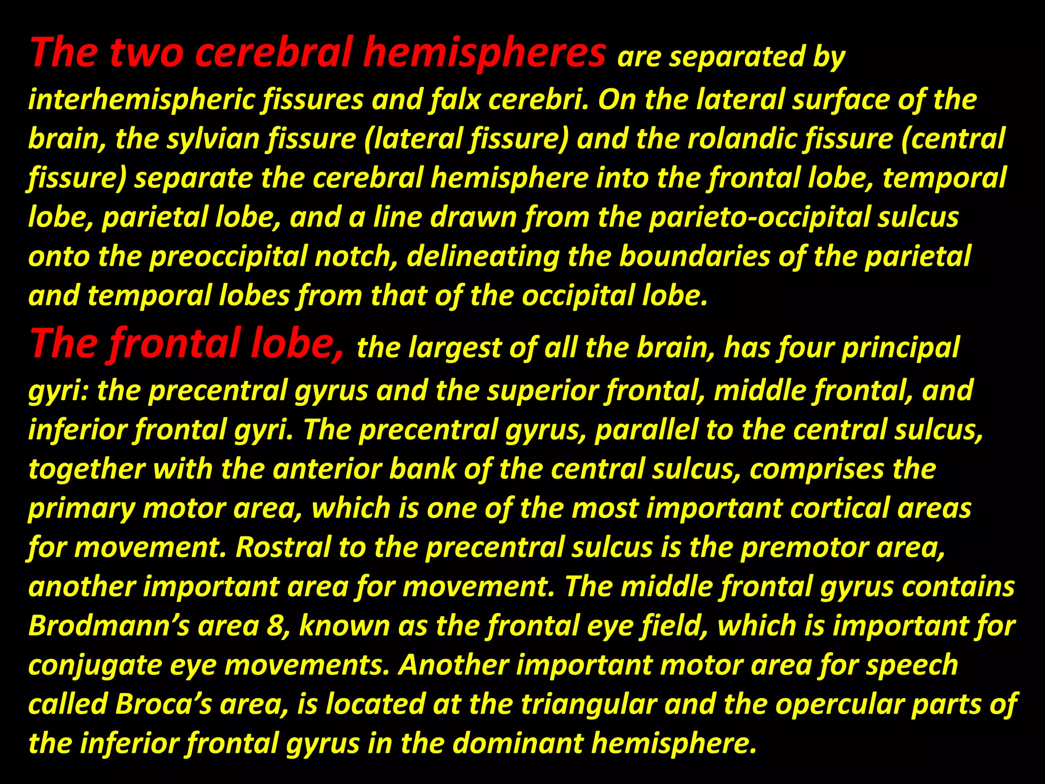 The two cerebral hemispheres are separated by 
interhemispheric fissures and falx cerebri. On the lateral surface of the 
brain, the sylvian fissure (lateral fissure) and the rolandic fissure (central 
fissure) separate the cerebral hemisphere into the frontal lobe, temporal 
lobe, parietal lobe, and a line drawn from the parieto-occipital sulcus 
onto the preoccipital notch, delineating the boundaries of the parietal 
and temporal lobes from that of the occipital lobe. 
The frontal lobe, the largest of all the brain, has four principal 
gyri: the precentral gyrus and the superior frontal, middle frontal, and 
inferior frontal gyri. The precentral gyrus, parallel to the central sulcus, 
together with the anterior bank of the central sulcus, comprises the 
primary motor area, which is one of the most important cortical areas 
for movement. Rostral to the precentral sulcus is the premotor area, 
another important area for movement. The middle frontal gyrus contains 
Brodmann’s area 8, known as the frontal eye field, which is important for 
conjugate eye movements. Another important motor area for speech 
called Broca’s area, is located at the triangular and the opercular parts of 
the inferior frontal gyrus in the dominant hemisphere. 
 