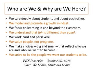 Who are We & Why are We Here? 
• We care deeply about students and about each other. 
• We model and promote a growth mindset. 
• We focus on learning in and beyond the classroom. 
• We understand that fair is different than equal. 
• We work hard and persevere. 
• We value people, not programs. 
• We make choices—big and small—that reflect who we 
are and who we want to become. 
• We strive to be the people we want our students to be. 
PHS Inservice—October 30, 2015 
When We Learn, Students Learn 
 