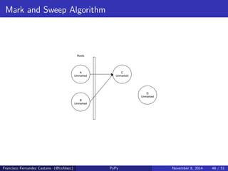 tlrjitdriver = JitDriver ( greens = ['pc ', 'bytecode '], 
reds = ['a', 'regs ']) 
def interpret ( bytecode , a): 
regs = [0] * 256 
pc = 0 
while True : 
tlrjitdriver . jit_merge_point () 
opcode = ord ( bytecode [pc ]) 
pc += 1 
if opcode == JUMP_IF_A : 
target = ord ( bytecode [pc ]) 
pc += 1 
if a: 
if target  pc: 
tlrjitdriver . can_enter_jit () 
pc = target 
elif opcode == MOV_A_R : 
Francisco Fernandez Castano.(.@f.cofde#zc)rest unmoPdyPiy fied November 8, 2014 43 / 51 
 
