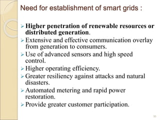 Need for establishment of smart grids : 
Higher penetration of renewable resources or 
distributed generation. 
 Extensive and effective communication overlay 
from generation to consumers. 
 Use of advanced sensors and high speed 
control. 
 Higher operating efficiency. 
 Greater resiliency against attacks and natural 
disasters. 
Automated metering and rapid power 
restoration. 
 Provide greater customer participation. 
30 
 