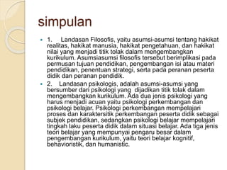simpulan 
 1. Landasan Filosofis, yaitu asumsi-asumsi tentang hakikat 
realitas, hakikat manusia, hakikat pengetahuan, dan hakikat 
nilai yang menjadi titik tolak dalam mengembangkan 
kurikulum. Asumsiasumsi filosofis tersebut berimplikasi pada 
permusan tujuan pendidikan, pengembangan isi atau materi 
pendidikan, penentuan strategi, serta pada peranan peserta 
didik dan peranan pendidik. 
 2. Landasan psikologis, adalah asumsi-asumsi yang 
bersumber dari psikologi yang dijadikan titik tolak dalam 
mengembangkan kurikulum. Ada dua jenis psikologi yang 
harus menjadi acuan yaitu psikologi perkembangan dan 
psikologi belajar. Psikologi perkembangan mempelajari 
proses dan karaktersitik perkembangan peserta didik sebagai 
subjek pendidikan, sedangkan psikologi belajar mempelajari 
tingkah laku peserta didik dalam situasi belajar. Ada tiga jenis 
teori belajar yang mempunyai pengaru besar dalam 
pengembangan kurikulum, yaitu teori belajar kognitif, 
behavioristik, dan humanistic. 
 