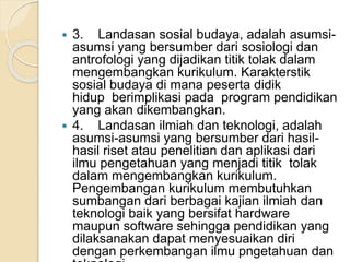  3. Landasan sosial budaya, adalah asumsi-asumsi 
yang bersumber dari sosiologi dan 
antrofologi yang dijadikan titik tolak dalam 
mengembangkan kurikulum. Karakterstik 
sosial budaya di mana peserta didik 
hidup berimplikasi pada program pendidikan 
yang akan dikembangkan. 
 4. Landasan ilmiah dan teknologi, adalah 
asumsi-asumsi yang bersumber dari hasil-hasil 
riset atau penelitian dan aplikasi dari 
ilmu pengetahuan yang menjadi titik tolak 
dalam mengembangkan kurikulum. 
Pengembangan kurikulum membutuhkan 
sumbangan dari berbagai kajian ilmiah dan 
teknologi baik yang bersifat hardware 
maupun software sehingga pendidikan yang 
dilaksanakan dapat menyesuaikan diri 
dengan perkembangan ilmu pngetahuan dan 
teknologi. 
