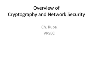 Overview of 
Cryptography and Network Security 
Ch. Rupa 
VRSEC 
 