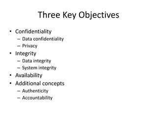 Three Key Objectives 
• Confidentiality 
– Data confidentiality 
– Privacy 
• Integrity 
– Data integrity 
– System integrity 
• Availability 
• Additional concepts 
– Authenticity 
– Accountability 
 