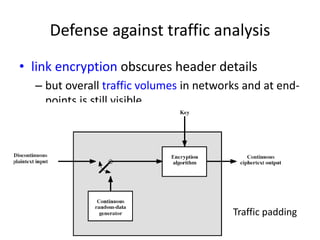 Defense against traffic analysis 
• link encryption obscures header details 
– but overall traffic volumes in networks and at end-points 
is still visible 
Traffic padding 
 