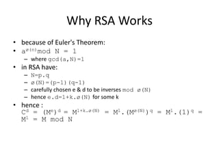 Why RSA Works 
• because of Euler's Theorem: 
• aø(n)mod N = 1 
– where gcd(a,N)=1 
• in RSA have: 
– N=p.q 
– ø(N)=(p-1)(q-1) 
– carefully chosen e & d to be inverses mod ø(N) 
– hence e.d=1+k.ø(N) for some k 
• hence : 
Cd = (Me)d = M1+k.ø(N) = M1.(Mø(N))q = M1.(1)q = 
M1 = M mod N 
 