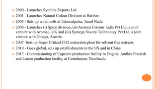  2000 - Launches Synthite Exports Ltd. 
 2001 - Launches Natural Colour Division at Harihar. 
 2003 - Sets up wind mills at Udumalpettu, Tamil Nadu 
 2006 - Launches (i) Spice division, (ii) Aromco Flavour India Pvt Ltd, a joint 
venture with Aromco, UK and (iii) Symega Savory Technology Pvt Ltd, a joint 
venture with Omega, Austria. 
 2007 -Sets up Super Critical CO2 extraction plant for solvent free extracts 
 2010 - Goes global, sets up establishments in the US and in China 
 2013 - Commissioning of Capsicin production facility in Ongole, Andhra Pradesh 
and Lutein production facility at Coimbatore, Tamilnadu 
 