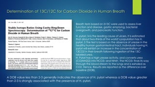 Determination of 13C/12C for Carbon Dioxide in Human Breath 
Breath tests based on ä13C were used to assess liver 
function and disease, gastric emptying, bacterial 
overgrowth, and pancreatic function. 
H. pylori,14 is the leading cause of ulcers. It is estimated 
that about two-thirds of the world’s population has H. 
pylori. 5 The test is based on the absence of urease in the 
healthy human gastrointestinal tract. Individuals having H. 
pylori will exhibit an increase in the concentration of 
13CO2 in their breath following ingestion of the 13C-labeled 
urea. 
H. Pylori has a high urease activity, and converts urea 
(CO(NH2)2) into HCO3- and NH4+. The HCO3- finds its way 
through the blood stream to the lungs and is exhaled as 
CO2. Hence, Results are reported as the difference over 
baseline (DOB). 
A DOB value less than 2-3 generally indicates the absence of H. pylori whereas a DOB value greater 
than 2-3 is strongly associated with the presence of H. pylori. 
 
