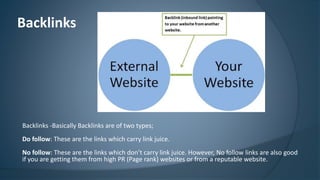 Backlinks 
Backlinks -Basically Backlinks are of two types; 
Do follow: These are the links which carry link juice. 
No follow: These are the links which don’t carry link juice. However, No follow links are also good 
if you are getting them from high PR (Page rank) websites or from a reputable website. 
 