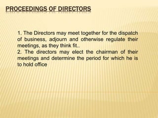 PROCEEDINGS OF DIRECTORS 
1. The Directors may meet together for the dispatch 
of business, adjourn and otherwise regulate their 
meetings, as they think fit.. 
2. The directors may elect the chairman of their 
meetings and determine the period for which he is 
to hold office 
 