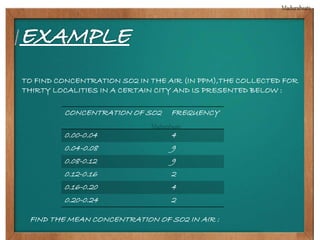 TO FIND CONCENTRATION SO2 IN THE AIR (IN PPM),THE COLLECTED FOR 
THIRTY LOCALITIES IN A CERTAIN CITY AND IS PRESENTED BELOW : 
CONCENTRATION OF SO2 FREQUENCY 
0.00-0.04 4 
0.04-0.08 9 
0.08-0.12 9 
0.12-0.16 2 
0.16-0.20 4 
0.20-0.24 2 
FIND THE MEAN CONCENTRATION OF SO2 IN AIR : 
 