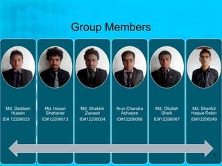 Group Members 
Md. Saddam 
Husain 
ID# 12206023 
Md. Hasan 
Shahariar 
ID#12206013 
Md. Shakkik 
Zunaed 
ID#12206004 
Arun Chandra 
Acharjee 
ID#12206066 
Md. Oliullah 
Sheik 
ID#12206067 
Md. Shariful 
Haque Robin 
ID#12206049 
5 
 