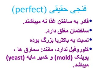 )perfect( فنجی حقیقی 
•قادر به ساختن غذا نه میباشند. 
•ساختمان مغلق دارد. 
•نسبت به باکتریا بزرگ بوده 
•کلوروفیل ندارد، مانند: سمارق ها ، 
)yeast( و خمیر مایه )mold( پوپنک 
میباشد. 
 