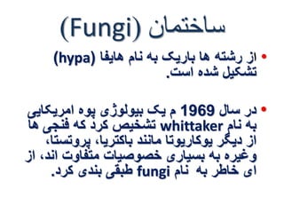 )Fungi( ساختمان 
)hypa( • از رشته ها باریک به نام هایفا 
تشکیل شده است. 
• در سال 1969 م یک بیولوژی پوه امریکایی 
تشخیص کرد که فنجی ها whittaker به نام 
از دیگر یوکاریوتا مانند باکتریا، پروتستا، 
وغیره به بسیاری خصوصیات متفاوت اند، از 
طبقی بندی کرد. fungi ای خاطر به نام 
 