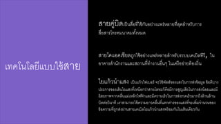 เรคโนโลยีแบบใช้สาาย 
สาายค่ลบิดเป็นสาื่อรี่ใช้กันอย่างแพร่หลายรี่สาุดสา าหรับการ 
สาื่อสาารโรรคมนาคมรัง้หมด 
สาายโคแอคเชียลใลกใช้อย่างแพร่หลายสา าหรับระบบเคเบิลรีวี, ใน 
อาคารสา านักงานและสาใานรี่รางานอื่นๆ ในเครือข่ายร้องใิ่น 
ใยแก้วนาแสาง เป็นแก้วดฟเบอร์ จะใช้พัลสา์ของแสางในการสา่งข้อมล ข้อดีบาง 
ประการของเสา้นใยแสางรี่เหนือกว่าสาายโลหะก็คือมีการสาลญเสาียในการสา่งน้อยและมี 
อิสารภาพจากคลื่นแม่เหล็กดฟฟ้าและมีความเร็วในการสา่งรวดเร็วมากใึงล้านล้าน 
บิตต่อวินารี เราสาามารใใช้ความยาวคลื่นรี่แตกต่างของแสางรี่จะเพิ่มจานวนของ 
ข้อความรี่ใลกสา่งผ่านสาายเคเบิลใยแก้วนาแสางพร้อมกันในเสา้นเดียวกัน 
 