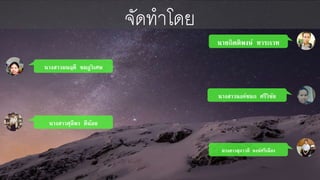 จัดราโดย 
นางสาวสุภาวดี หงษ์ศรีเมือง 
นางสาวมนฤดี ชมภูวิเศษ 
นางสาวศุลีพร ดีน้อย 
นายกิตติพงษ์ ทาระเวท 
นางสาวนงค์ชนก ศรีวิชัย 
