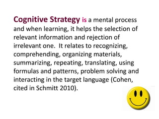Cognitive Strategy is a mental process 
and when learning, it helps the selection of 
relevant information and rejection of 
irrelevant one. It relates to recognizing, 
comprehending, organizing materials, 
summarizing, repeating, translating, using 
formulas and patterns, problem solving and 
interacting in the target language (Cohen, 
cited in Schmitt 2010). 
 