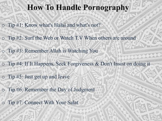 How To Handle Pornography 
o Tip #1: Know what's Halal and what's not? 
o Tip #2: Surf the Web or Watch T.V When others are around 
o Tip #3: Remember Allah is Watching You 
o Tip #4: If It Happens, Seek Forgiveness & Don't Insist on doing it 
o Tip #5: Just get up and leave 
o Tip #6: Remember the Day of Judgment 
o Tip #7: Connect With Your Salat 
 