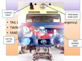 LIGHTS AND FANS 
FLASHER 
LIGHT 
TWIN BEAM 
HEAD LIGHT 
• TAIL LIGHT: 40W (2 Normal and 1 Emergency) 
• TWIN BEAM HEAD LIGHT : 300W 
• FANS: 65W 
LED TAIL 
LIGHT TWIN 
MARKER 
LIGHT 
 