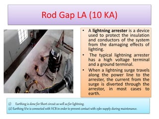 Rod Gap LA (10 KA) 
• A lightning arrester is a device 
used to protect the insulation 
and conductors of the system 
from the damaging effects of 
lighting. 
• The typical lightning arrester 
has a high voltage terminal 
and a ground terminal. 
• When a lightning surge travels 
along the power line to the 
arrester, the current from the 
surge is diverted through the 
arrestor, in most cases to 
earth. 
(i) Earthing is done for Short circuit as well as for lightning. 
(ii) Earthing S/w is connected with VCB in order to prevent contact with 25kv supply during maintenance. 
 