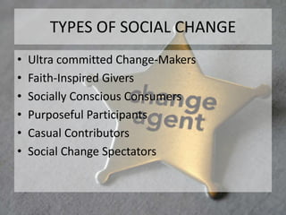 TYPES OF SOCIAL CHANGE 
• Ultra committed Change-Makers 
• Faith-Inspired Givers 
• Socially Conscious Consumers 
• Purposeful Participants 
• Casual Contributors 
• Social Change Spectators 
 