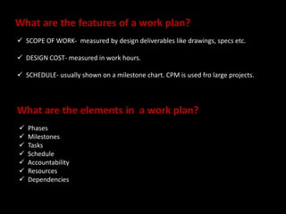 What are the features of a work plan? 
 SCOPE OF WORK- measured by design deliverables like drawings, specs etc. 
 DESIGN COST- measured in work hours. 
 SCHEDULE- usually shown on a milestone chart. CPM is used fro large projects. 
What are the elements in a work plan? 
 Phases 
 Milestones 
 Tasks 
 Schedule 
 Accountability 
 Resources 
 Dependencies 
 