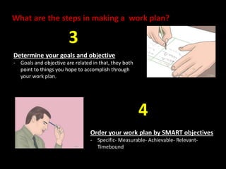 What are the steps in making a work plan? 
Determine your goals and objective 
- Goals and objective are related in that, they both 
point to things you hope to accomplish through 
your work plan. 
Order your work plan by SMART objectives 
- Specific- Measurable- Achievable- Relevant- 
Timebound 
3 
4 
 
