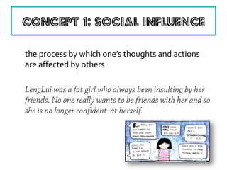 the process by which one’s thoughts and actions are affected by others 
 