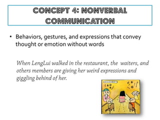 •Behaviors, gestures, and expressions that convey thought or emotion without words 
 