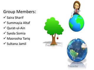 Group Members:
 Saira Sharif
 Summayia Altaf
 Qurat-ul-Ain
 Syeda Somia
 Masrooha Tariq
 Sultana Jamil
 