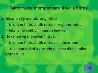 Faktor yang mempengaruhi kerja filtrasi
1. Tekanan yg mendorong filtrasi:
- tekanan hidrostatik di kapiler glomerulus.
- tekanan onkotik dlm kapsula bowman.
2. Tekanan yg melawan filtrasi:
- tekanan hidrostatik di kapsula bowman
- tekanan onkotik protein plasma dlm kapiler
glomerulus
 