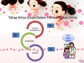 Tahap Kerja Ginjal Dalam Pembentukan Urine
FILTRASI
GLOMERULUS
REABSORSSI
SEKRESI
let’s
watch
video
 