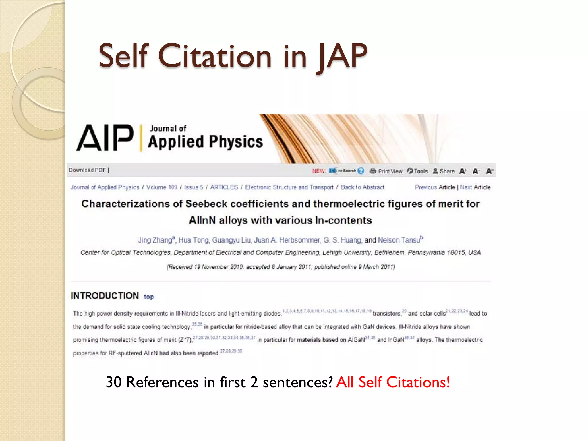 Self Citation in JAP
30 References in first 2 sentences? All Self Citations!
 