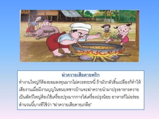 ฆ่าควายเสียดายพริก
ทางานใหญ่ก็ต้องยอมลงทุนมากไม่ควรตระหนี่ ถ้ามัวกลัวสิ้นเปลืองก็ทาให้
เสียงานเมื่อมีงานบุญในชนบทชาวบ้านจะฆ่าควายนามาปรุงอาหารควาย
เป็นสัตว์ใหญ่ต้องใช้เครื่องปรุงมากการใส่เครื่องปรุงน้อย อาหารก็ไม่อร่อย
สานวนนี้บางทีใช้ว่า "ฆ่าควายเสียดายเกลือ"
 