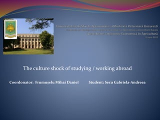 The culture shock of studying / working abroad
Coordonator: Frumușelu Mihai Daniel Student: Secu Gabriela-Andreea
 