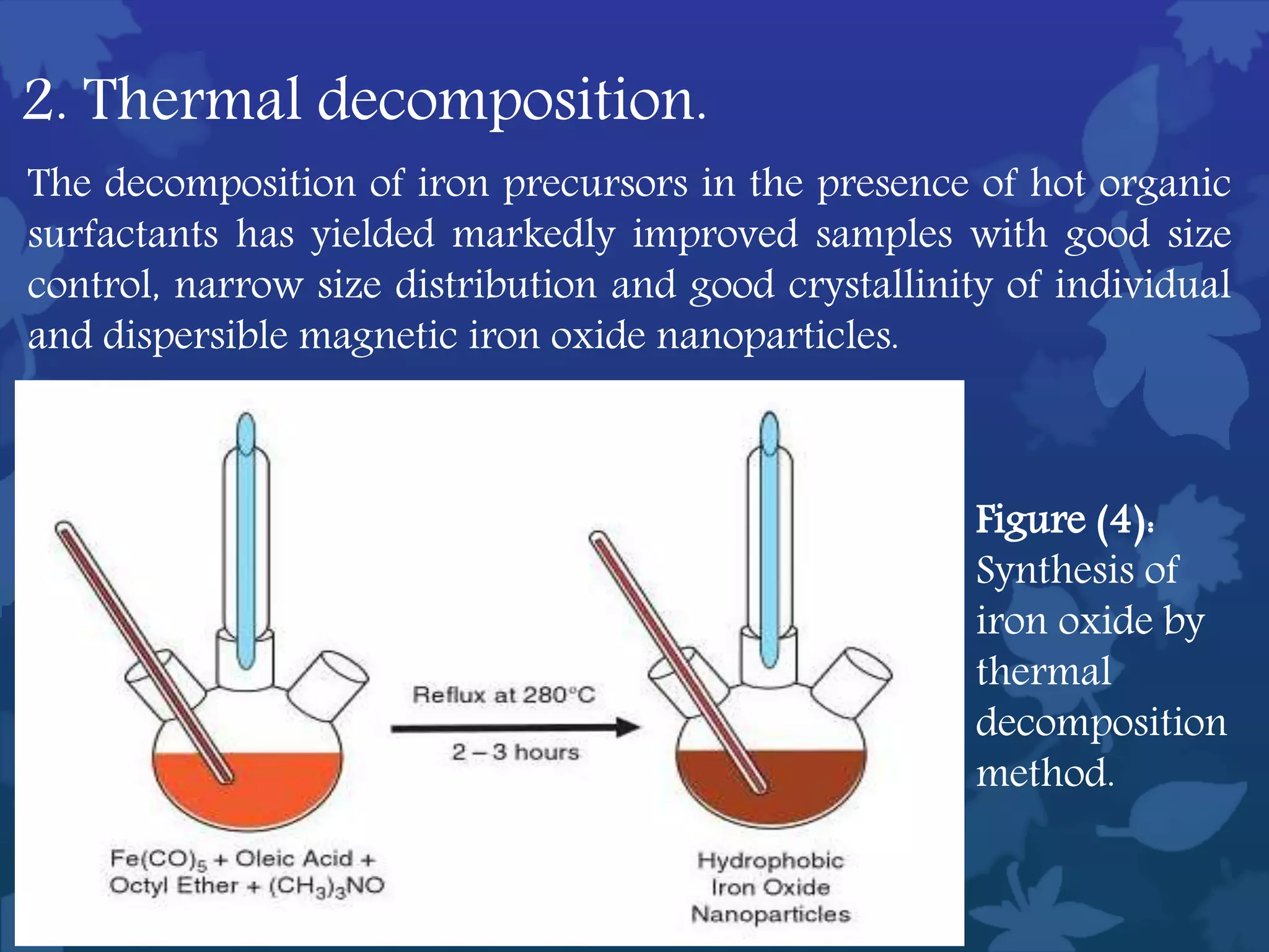 2. Thermal decomposition.
The decomposition of iron precursors in the presence of hot organic
surfactants has yielded markedly improved samples with good size
control, narrow size distribution and good crystallinity of individual
and dispersible magnetic iron oxide nanoparticles.
Figure (4):
Synthesis of
iron oxide by
thermal
decomposition
method.
 