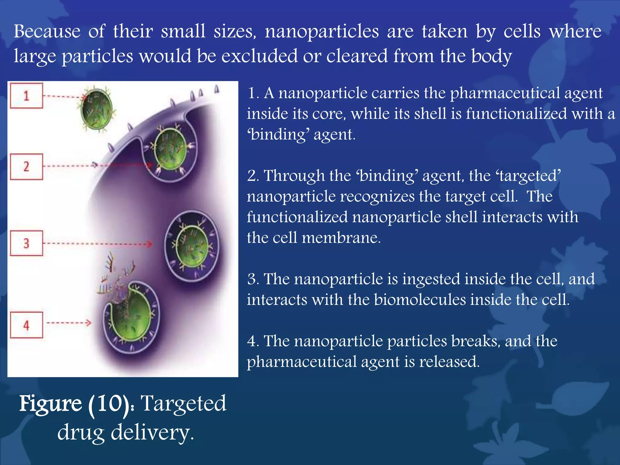 Because of their small sizes, nanoparticles are taken by cells where
large particles would be excluded or cleared from the body
1. A nanoparticle carries the pharmaceutical agent
inside its core, while its shell is functionalized with a
‘binding’ agent.
2. Through the ‘binding’ agent, the ‘targeted’
nanoparticle recognizes the target cell. The
functionalized nanoparticle shell interacts with
the cell membrane.
3. The nanoparticle is ingested inside the cell, and
interacts with the biomolecules inside the cell.
4. The nanoparticle particles breaks, and the
pharmaceutical agent is released.
Figure (10): Targeted
drug delivery.
 