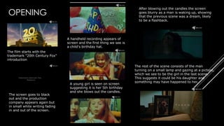 OPENING
The film starts with the
trademark "20th Century Fox"
introduction
The screen goes to black
out and the production
company appears again but
in small white writing fading
in and out of the screen.
A handheld recording appears of
screen and the first thing we see is
a child's birthday hat.
A young girl is seen on screen
suggesting it is her 5th birthday
and she blows out the candles.
After blowing out the candles the screen
goes blurry as a man is waking up, showing
that the previous scene was a dream, likely
to be a flashback.
The rest of the scene consists of the man
turning on a small lamp and gazing at a picture,
which we see to be the girl in the last scene.
This suggests it could be his daughter and
something may have happened to her.
 