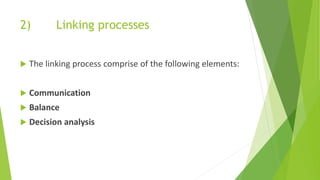 2) Linking processes
 The linking process comprise of the following elements:
 Communication
 Balance
 Decision analysis
 