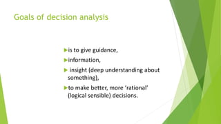 Goals of decision analysis
is to give guidance,
information,
 insight (deep understanding about
something),
to make better, more ‘rational’
(logical sensible) decisions.
 