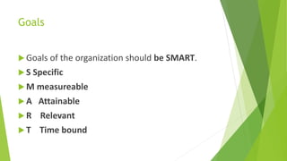 Goals
 Goals of the organization should be SMART.
 S Specific
 M measureable
 A Attainable
 R Relevant
 T Time bound
 