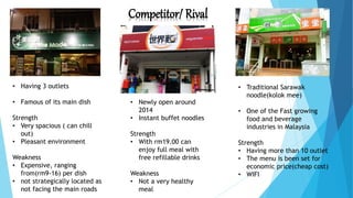Competitor/ Rival
• Having 3 outlets
• Famous of its main dish
Strength
• Very spacious ( can chill
out)
• Pleasant environment
Weakness
• Expensive, ranging
from(rm9-16) per dish
• not strategically located as
not facing the main roads
• Newly open around
2014
• Instant buffet noodles
Strength
• With rm19.00 can
enjoy full meal with
free refillable drinks
Weakness
• Not a very healthy
meal
• Traditional Sarawak
noodle(kolok mee)
• One of the Fast growing
food and beverage
industries in Malaysia
Strength
• Having more than 10 outlet
• The menu is been set for
economic price(cheap cost)
• WIFI
 