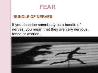 FEAR
BUNDLE OF NERVES
If you describe somebody as a bundle of
nerves, you mean that they are very nervous,
tense or worried.
 