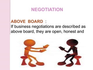 ABOVE BOARD :
If business negotiations are described as
above board, they are open, honest and
legal
NEGOTIATION
 