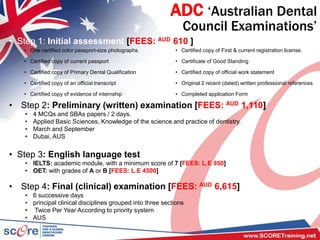 ADC ‘Australian Dental
Council Examinations’
• Step 1: Initial assessment [FEES: AUD 610 ]
• Step 2: Preliminary (written) examination [FEES: AUD 1,110]
• 4 MCQs and SBAs papers / 2 days.
• Applied Basic Sciences, Knowledge of the science and practice of dentistry.
• March and September
• Dubai, AUS
• Step 3: English language test
• IELTS: academic module, with a minimum score of 7 [FEES: L.E 950]
• OET: with grades of A or B [FEES: L.E 4500]
• Step 4: Final (clinical) examination [FEES: AUD 6,615]
• 6 successive days
• principal clinical disciplines grouped into three sections
• Twice Per Year According to priority system
• AUS
• Certified copy of First & current registration license.• One certified color passport-size photographs.
• Certificate of Good Standing• Certified copy of current passport
• Certified copy of official work statement• Certified copy of Primary Dental Qualification
• Original 2 recent (dated) written professional references• Certified copy of an official transcript
• Completed application Form• Certified copy of evidence of internship
 