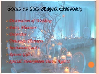 SOME OF THE MAJOR CATEGORY
Destination of Wedding
Party Planners
Decorates
Trousseau Planners
Invitation Card’s
Return Gift’s
Special Honeymoon Travel Agents
 