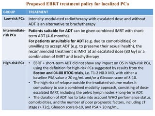 Proposed EBRT treatment policy for localized PCa
GROUP TREATMENT
Low-risk PCa Intensity-modulated radiotherapy with escalated dose and without
ADT is an alternative to brachytherapy
Intermediate-
risk PCa
Patients suitable for ADT can be given combined IMRT with short-
term ADT (4-6 months).
For patients unsuitable for ADT (e.g. due to comorbidities) or
unwilling to accept ADT (e.g. to preserve their sexual health), the
recommended treatment is IMRT at an escalated dose (80 Gy) or a
combination of IMRT and brachytherapy
High-risk PCa • EBRT + short-term ADT did not show any impact on OS in high-risk PCa,
using the definition for high-risk PCa suggested by results from the
Boston and 04-08 RTOG trials, i.e. T1-2 N0-X M0, with either a
baseline PSA value > 20 ng/mL and/or a Gleason score of 8-10.
• The high risk of relapse outside the irradiated volume makes it
compulsory to use a combined modality approach, consisting of dose-
escalated IMRT, including the pelvic lymph nodes + long-term ADT.
• The duration of ADT has to take into account WHO performance status,
comorbidities, and the number of poor prognostic factors, including cT
stage (> T2c), Gleason score 8-10, and PSA > 20 ng/mL.
 