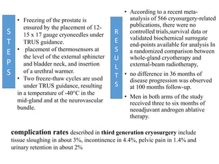 • According to a recent meta-
analysis of 566 cryosurgery-related
publications, there were no
controlled trials,survival data or
validated biochemical surrogate
end-points available for analysis In
a randomized comparison between
whole-gland cryotherapy and
external-beam radiotherapy,
• no difference in 36 months of
disease progression was observed
at 100 months follow-up.
• Men in both arms of the study
received three to six months of
neoadjuvant androgen ablative
therapy.
complication rates described in third generation cryosurgery include
tissue sloughing in about 3%, incontinence in 4.4%, pelvic pain in 1.4% and
urinary retention in about 2%
• Freezing of the prostate is
ensured by the placement of 12-
15 x 17 gauge cryoneedles under
TRUS guidance.
• placement of thermosensors at
the level of the external sphincter
and bladder neck, and insertion
of a urethral warmer.
• Two freeze-thaw cycles are used
under TRUS guidance, resulting
in a temperature of -40°C in the
mid-gland and at the neurovascular
bundle.
S
T
E
P
S
R
E
S
U
L
T
S
 