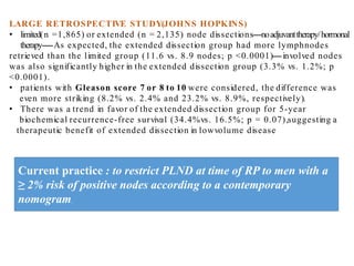 LARGE RETROSPECTIVE STUDY(JOHNS HOPKINS)
• limited(n =1,865) or extended (n = 2,135) node dissections----noadjuvanttherapy/hormonal
therapy-----As expected, the extended dissection group had more lymphnodes
retrieved than the limited group (11.6 vs. 8.9 nodes; p <0.0001)----involved nodes
was also significantly higher in the extended dissection group (3.3% vs. 1.2%; p
<0.0001).
• patients with Gleason score 7 or 8 to 10 were considered, the difference was
even more striking (8.2% vs. 2.4% and 23.2% vs. 8.9%, respectively).
• There was a trend in favor of the extended dissection group for 5-year
biochemical recurrence-free survival (34.4%vs. 16.5%; p = 0.07),suggesting a
therapeutic benefit of extended dissection in lowvolume disease
Current practice : to restrict PLND at time of RP to men with a
≥ 2% risk of positive nodes according to a contemporary
nomogram.
 
