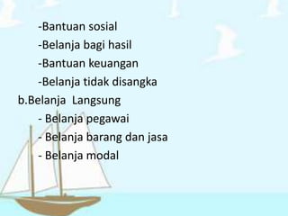 -Bantuan sosial
-Belanja bagi hasil
-Bantuan keuangan
-Belanja tidak disangka
b.Belanja Langsung
- Belanja pegawai
- Belanja barang dan jasa
- Belanja modal
 